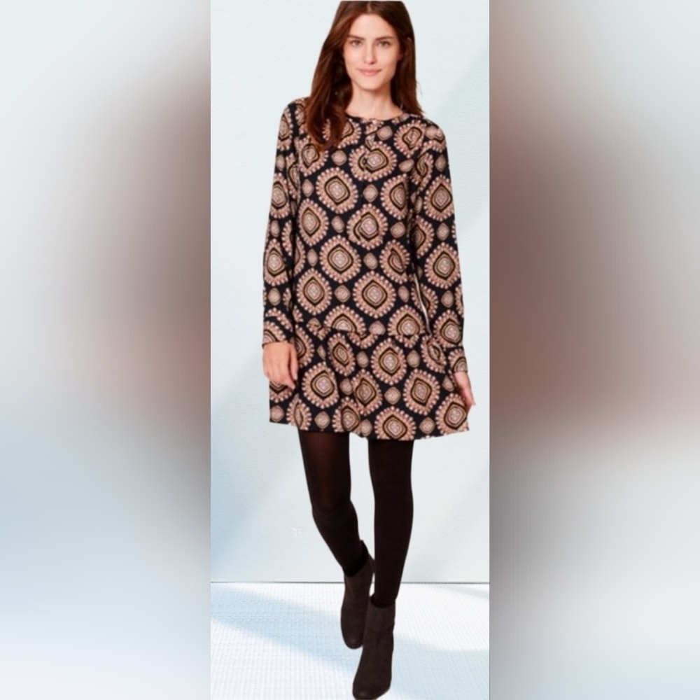 Ann Taylor Loft Black Brown Medallion Print Drop Waist Shift Dress Geometric